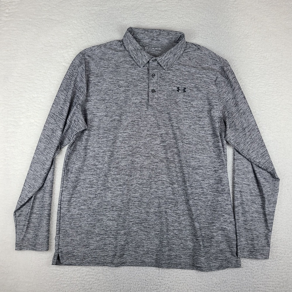 Under Armour Polo Shirt Mens 2XL XXL Gray Heathered Loose Heatgear Long Sleeve